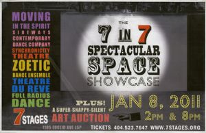 Poster advertising the one-day dance program and silent auction "The 7 in 7 Spectacular Space Showcase," 7 Stages Theatre, Atlanta, Georgia, January 8, 2011.