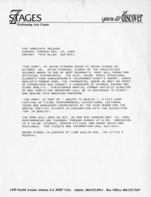 Press packet and flyer for Botho Strauss' "The Park," promoting the performance at 7 Stages Theatre, Atlanta, Georgia, October 25 - November 19, 1989. (10 pages)