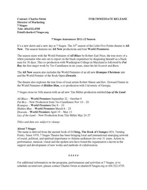 Press release announcing the 2011 - 2012 season at 7 Stages Theatre, Atlanta, Georgia, Summer 2011.
