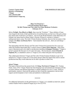"Haus von Dracul, Part 1," by Rob Thomas and the Little 5 Points Rockstar Orchestra, press release announcing performances at 7 Stages Theatre, Atlanta, Georgia, February 10 - 13, 2011.