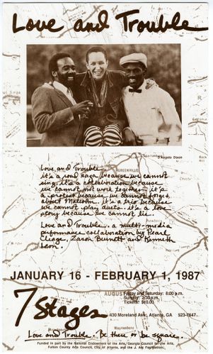 Love and Trouble, poster for a "multi-media performance collaboration" by Pearl Cleage, Zaron Burnett, and Kenneth Leon, 7 Stages Theatre, Atlanta, Georgia, January 16 - February 1, 1987.