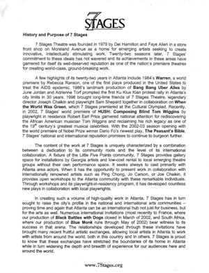 History, purpose, and production history of 7 Stages Theatre, Atlanta, Georgia, 1979 to the 2002-2003 season ( 6 leaves).