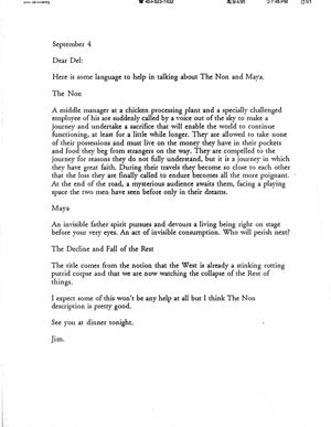 Jim Grimsley (Atlanta, Georgia) to Del Hamilton (Atlanta, Georgia) faxed letter, fax dated September 4, 1995. (1 leaf)