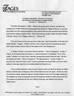 Sam Shepard's "States of Shock," directed by Joseph Chaikin, press release announcing the performance at 7 Stages Theatre, Atlanta, Georgia, January 27 - February 20, 1999. (3 leaves)