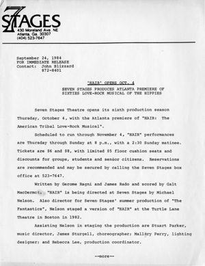 Press packet for Galt MacDermont's "Hair," the performance at 7 Stages Theatre, Atlanta,Georgia, October 4 - November 4, 1984. (5 pages)