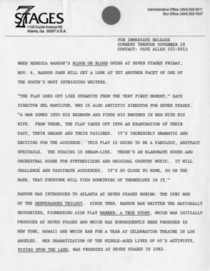 Rebecca Ranson's "Blood on Blood," press packet promoting the production at 7 Stages Theatre, Atlanta, Georgia, November 6 - 29, 1987. (15 leaves)