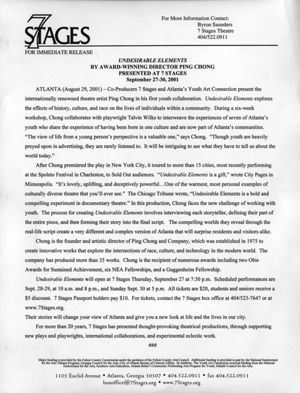 "Undesirable Elements," written and directed by Ping Chong, press release announcing the performance at 7 Stages Theatre, Atlanta, Georgia, September 27 - 30, 2001.