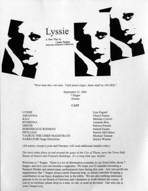 "Lyssie," a new play by Laurie Stieber, flyer announcing the performance at 7 Stages Theatre, Atlanta, Georgia, September 21, 2001.