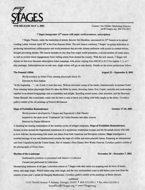 Press release announcing the 23rd season of 7 Stages Theatre, Atlanta, Georgia, May 1, 2002. (2 leaves)