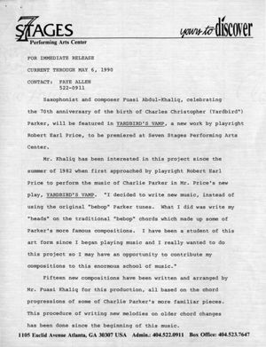 "Yardbird's Vamp," by Robert Earl Price, press releases announcing the performances at 7 Stages Theatre, Atlanta, Georgia, April 18 - May 6, 1990. (9 leaves)