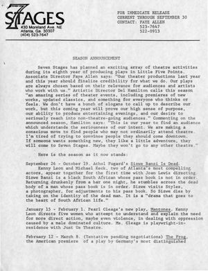 September 1986- June 1987 Season, press release announcing the performances at 7 Stages Theatre, Atlanta, Georgia, September 1986. (3 pages)