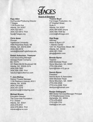 Directory of 7 Stages Theatre's Board of Directors and staff, Atlanta, Georgia, 2002. (4 leaves)