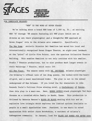 July 1987 - June 1988 Season, press release announcing the performances at 7 Stages Theatre, Atlanta, Georgia, 1987-1988. (7 leaves)