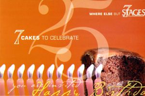 Invitation to "7 Cakes To Celebrate," fundraiser celebrating 7 Stages Theatre's 25th anniversary, at the Marcia Wood Gallery, Atlanta, Georgia, September 10, 2004.