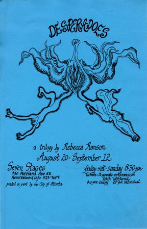 Rebecca Ranson's "Desperadoes: A Trilogy," poster advertising the performance at 7 Stages Theatre, Atlanta, Georgia, August 20 - September 12, 1982.