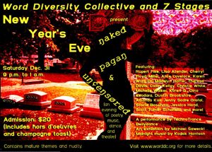 Card advertising Word Diversity Collective and 7 Stages Theatre's New Year's Eve program"Naked Pagan & Uncensored," an evening of poetry, music, dance and theatre, Atlanta, Georgia, December 31, 2005.