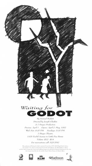 Samuel Beckett's "Waiting for Godot," directed by Joseph Chaikin, poster advertising the performances at 7 Stages Theatre, Atlanta, Georgia, April 2 - May 3, 1992.