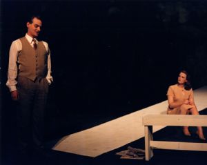 Jim Roof and Rachel Fowler on stage in "All My Sons," by Arthur Miller, directed by Joseph Chaikin and Anders Cato, 7 Stages Theatre, Atlanta, Georgia, March 12 - April 13, 1997.