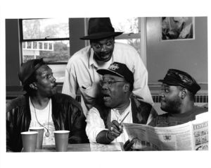 Photo from rehearsal of "Riffs," a comedy by Bill Harris, 7 Stages Theatre, Atlanta, Georgia, between November 1 - December 17, 1995.