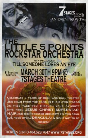 An Evening with The Little 5 Points Rockstar Orchestra with Special Guest Till Someone Loses an Eye, poster advertising the performance at 7 Stages Theatre, Atlanta, Georgia, March 30, 2012.