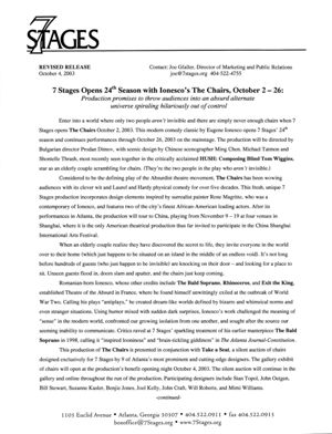 Eugene Ionesco's "The Chairs,"directed by Prodan Dimov, press release announcing the production at 7 Stages Theatre, Atlanta, Georgia, October 2 - 26, 2003.