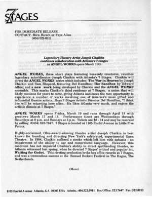 Press materials for Joseph Chaikin's "Angel Works: War in Heaven; The Sandbox, and Angel Fragments," production at 7 Stages Theatre, Atlanta, Georgia, March 19 - April 18, 1993.