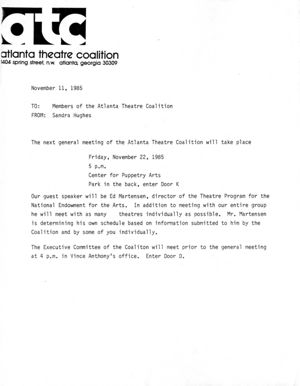 Atlanta Theatre Coalition Meeting Materials and Artistic Committee report, Atlanta, Georgia, November 22, 1985. (7 leaves)
