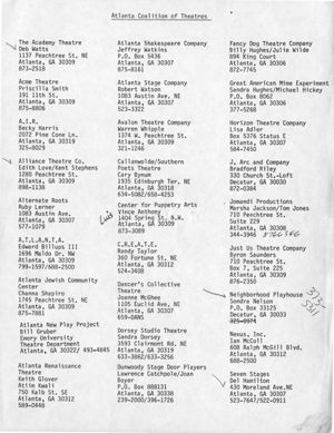 Atlanta Coalition of Theatres Membership Lists for 7 Stages Theatre, Atlanta, Georgia, May(?) 1985.