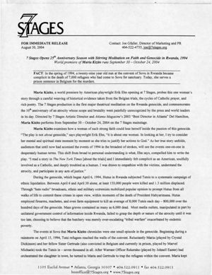 Erik Ehn's "Maria Kizito," press release announcing the production at 7 Stages Theatre, Atlanta, Georgia, September 30, 2004. (2 pages)