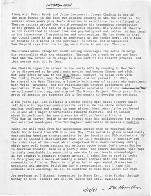 Del Hamilton and Joseph Chaikin's speech before the Atlanta Theatre Coalition, Atlanta, Georgia, November 18, 1987.