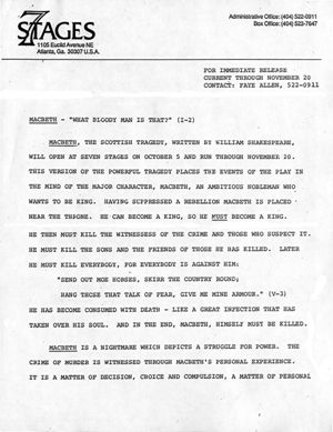 William Shakespeare's "Macbeth," directed by Del Hamilton, press release announcing the performances at 7 Stages Theatre, Atlanta, Georgia, October 5 - November 20, 1988.