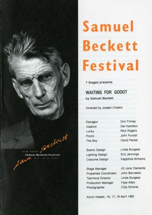 Samuel Beckett's "Waiting For Godot," directed by Joseph Chaikin, program for the 7 Stages' production at the Korzo theater, The Hague, Netherlands, April 16 - 18, 1992. (3 pages)