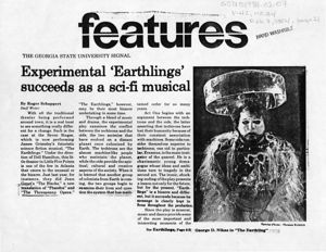 "Experimental 'Earthlings' succeeds as a sci-fi musical," by Roger Schuppert. The Georgia State University Signal, February 7, 1984, page 21, 28.