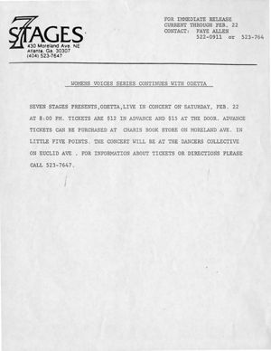 Seven Stages, as part of it's "Women's Voices Series," presents Odetta, press release announcing the performance at 7 Stages Theatre, Atlanta, Georgia, February 22, 1986.