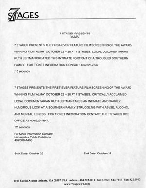 7 Stages presents "Alma," directed by Ruth Leitman, press release announcing film screening at 7 Stages Theatre, Atlanta, Georgia, October 22-28, 1999.