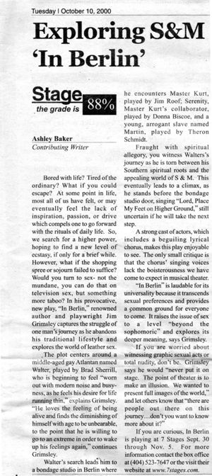 "Exploring S&M 'In Berlin'," by Ashley Baker. In Georgia State University Signal, October 10, 2000, page 25.