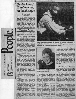 "'Jabbo Jones,' 'Lust' opening on local stages," by Paula Crouch. In The Atlanta Constitution, December 5, 1985, page 2B.