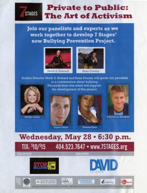 Private to Public: The Art of Activism, flyer for panel discussion at 7 Stages Theatre, Atlanta, Georgia, May 28, 2014. (1 leaf)