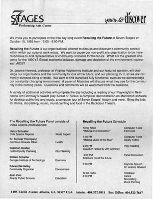 Information packet for "Recalling the Future" community conference at 7 Stages Theatre, Atlanta, Georgia, October 15, 1989.