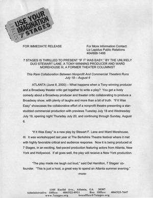 Stewart F. Lane and Ward Morehouse III's "If It Was Easy," directed by Stewart F. Lane, press release announcing the performances at 7 Stages Theatre, Atlanta, Georgia, July 20 - August 6, 2000.