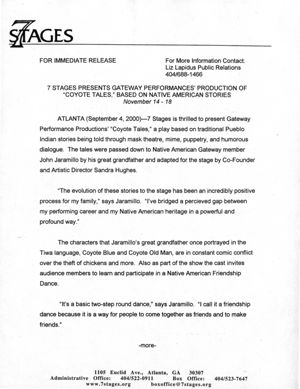 Sandra Hughes' "Coyote Tales," press release announcing the performances at 7 Stages Theatre, Atlanta, Georgia, November 14 - 18, 2000.
