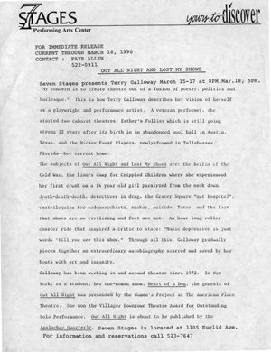 Terry Galloway's "Out All Night And Lost My Shoes," press release announcing the performances at 7 Stages Theatre, Atlanta, Georgia, March 15 - 17, 1990.