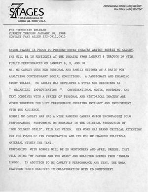 Robbie McCauley's "My Father and the Wars," press release announcing performances at 7 Stages Theatre, Atlanta, Georgia, January 8 - 10, 1988.