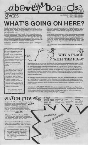 "Above the Boards," 7 Stages Theatre newsletter, January through August, 1989. (2-sided trifold)