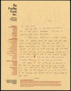 Esther Smith to Foxfire (Tim Martin) re: Laurel Falls Camp, 1991