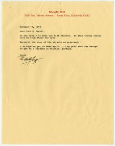 Cliff, Michelle - Materials from Lillian E. Smith Conference, 1994