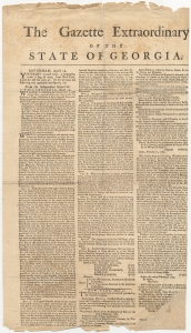 The Gazette Extraordinary of the States of Georgia. Savannah, April 12. Yesterday arrived here, a brigantine, under a flag of truce...We are happy to present our readers with a copy of the Real Authenticated Articles for treating of Peace