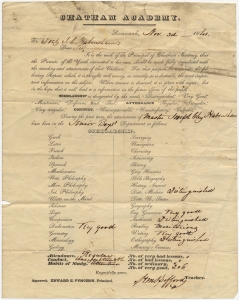 Chatham Academy. Savannah ... It is the wish of the principal of Chatham Academy that the Parents of the Youth ... should be fully acquainted with the standing of their children