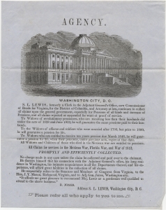 Agency. Washington City, D.C. S. L. Lewis formerly a clerk in the Adjutant General's Office continues to collect all claims upon the general government for pensions of all kinds