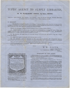 Tufts' agency to supply libraries ... To Librarians... W. W. Tufts, Washington Street, Boston
